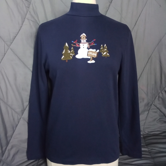 Women's Snowman Navy Blue 100% Cotton Christmas Mock Neck Long Sleeve Shirt - Picture 1 of 12